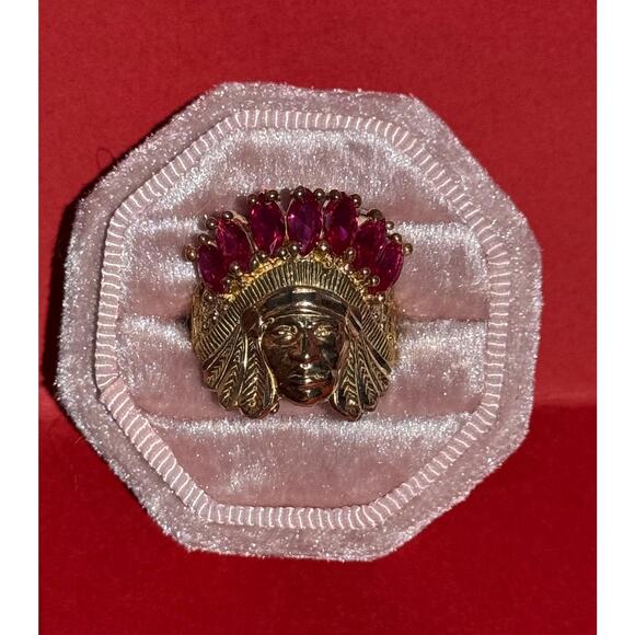 Vintage 10K Gold Chief Head Ring with Ruby Accents – Bold Statement Jewelry - Picture 1 of 4